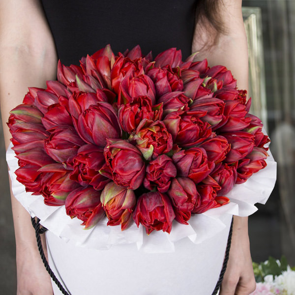 Поздравьте любимого мужчину с днем рождения цветами – пышные красные тюльпаны в белой шляпной коробке подчеркнут торжественность момента.