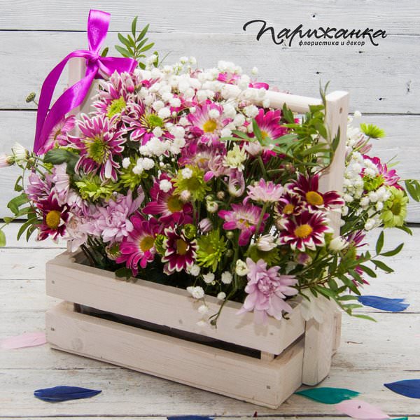 Сиреневые, лиловые и зеленые хризантемы в деревянном ящике с атласной лентой
