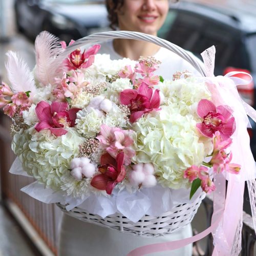 Великолепная корзина с крупными гортензиями и орхидеями
