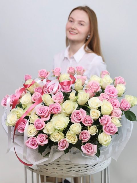 101 нежная роза в корзине