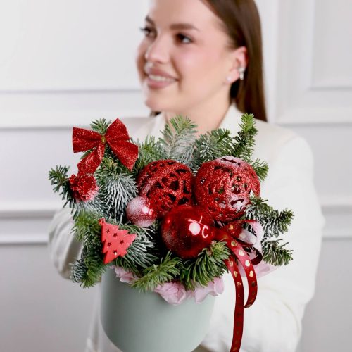 Новогодняя композиция с ёлочными игрушками